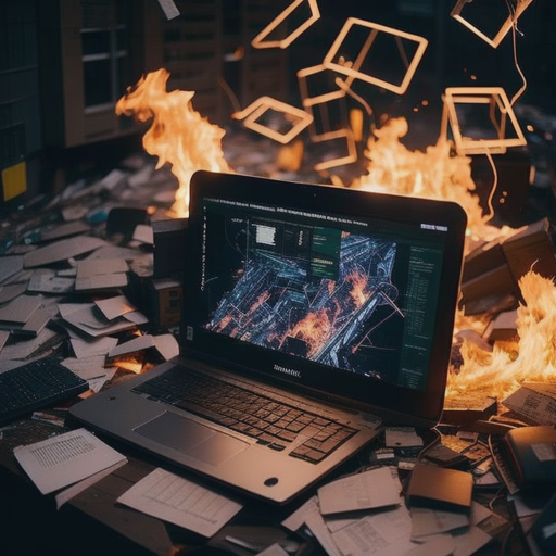 laptop on fire cluttered with lots of notes
